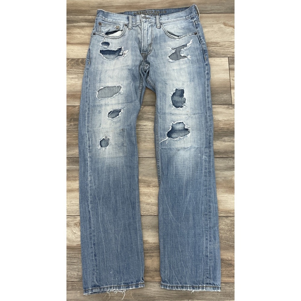 American Eagle Jeans Mens 30x32 Blue Slim Straight Faded Whisker Denim